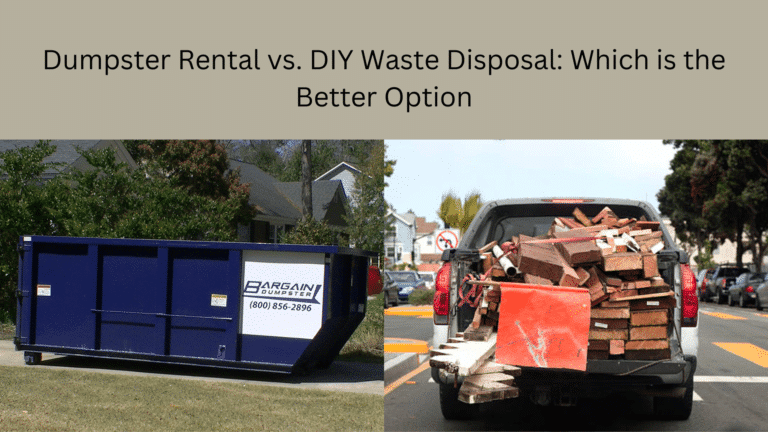 Image of a clean Bargain Dumpster roll-off on the left side and an overflow pickup up truck on the right to show the difference between renting a dumpster and DIY waste disposal