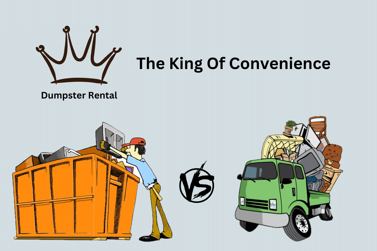 Graphic of a clean dumpster rental vs a DIY truck overflowing with junk