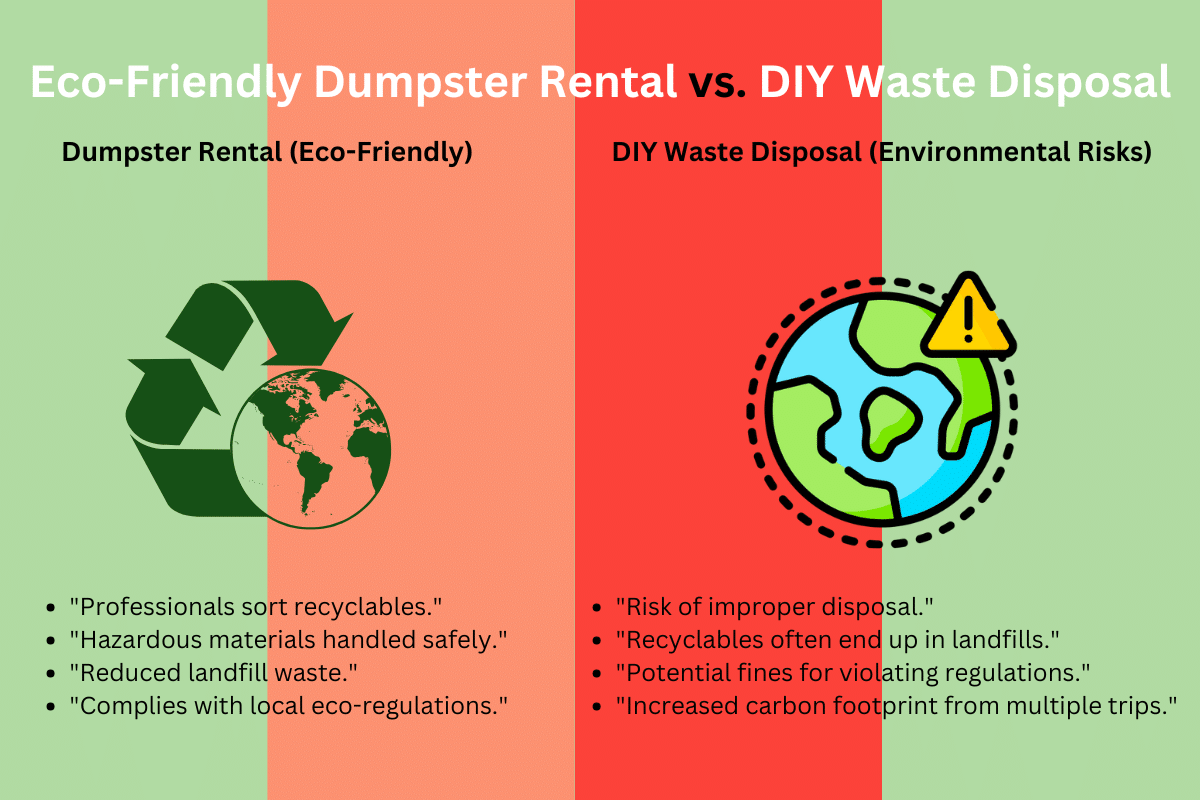 Comparison of environmental impact: Dumpster rental vs. DIY waste disposal. Left side shows eco-friendly benefits like recycling, safe hazardous material handling, and reduced landfill waste. Right side highlights risks of DIY disposal, including improper waste handling, recyclables in landfills, and potential fines. Choose dumpster rentals for a cleaner, greener future!