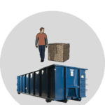 Image of a man with a cubic yard box next to him over a roll off dumpster