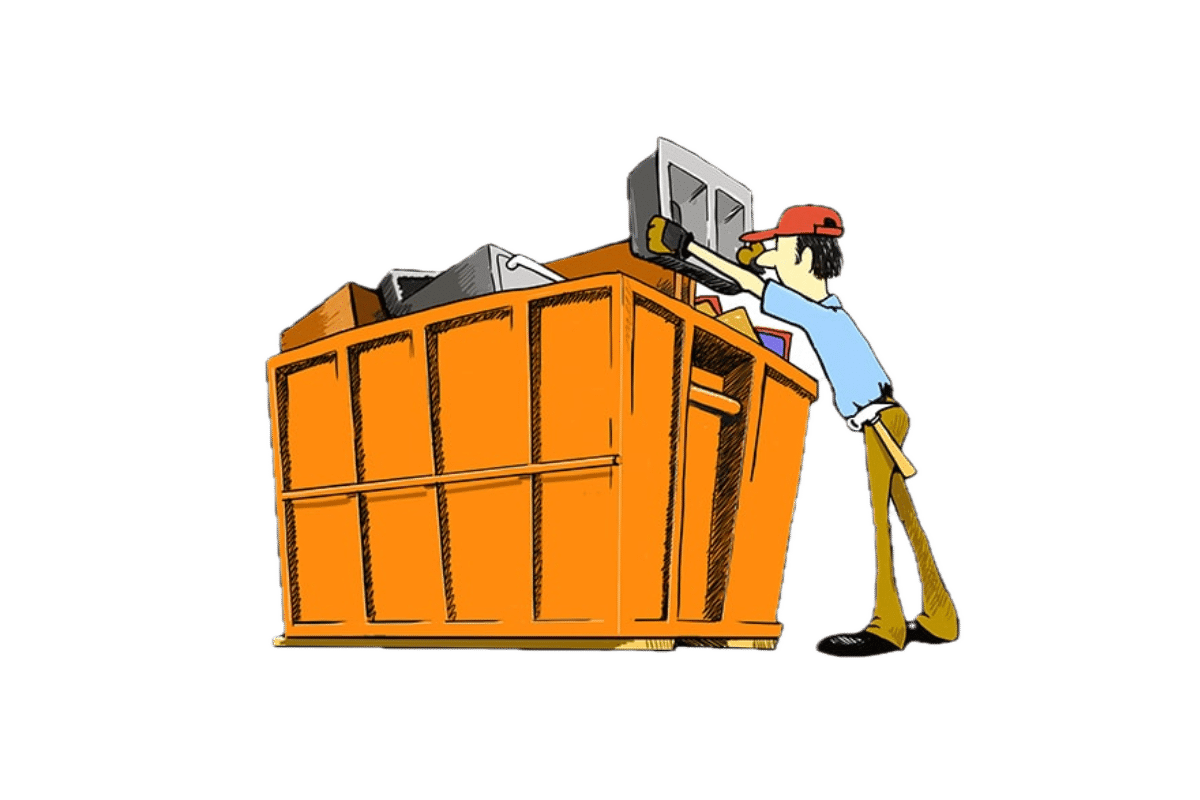 Drawing of a man loading a roll off dumpster with debris