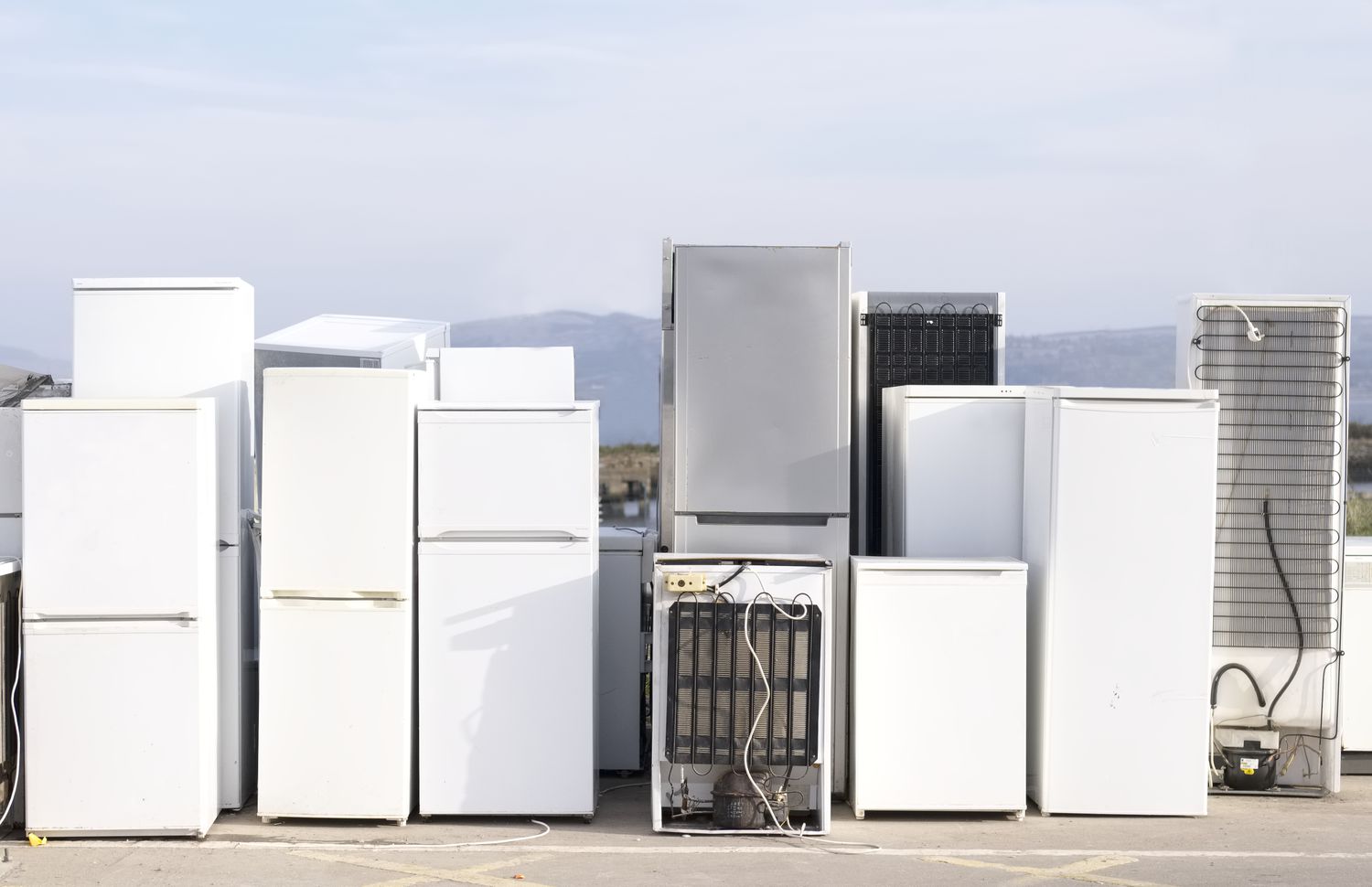 Old refrigerators and freezers ready for recycling