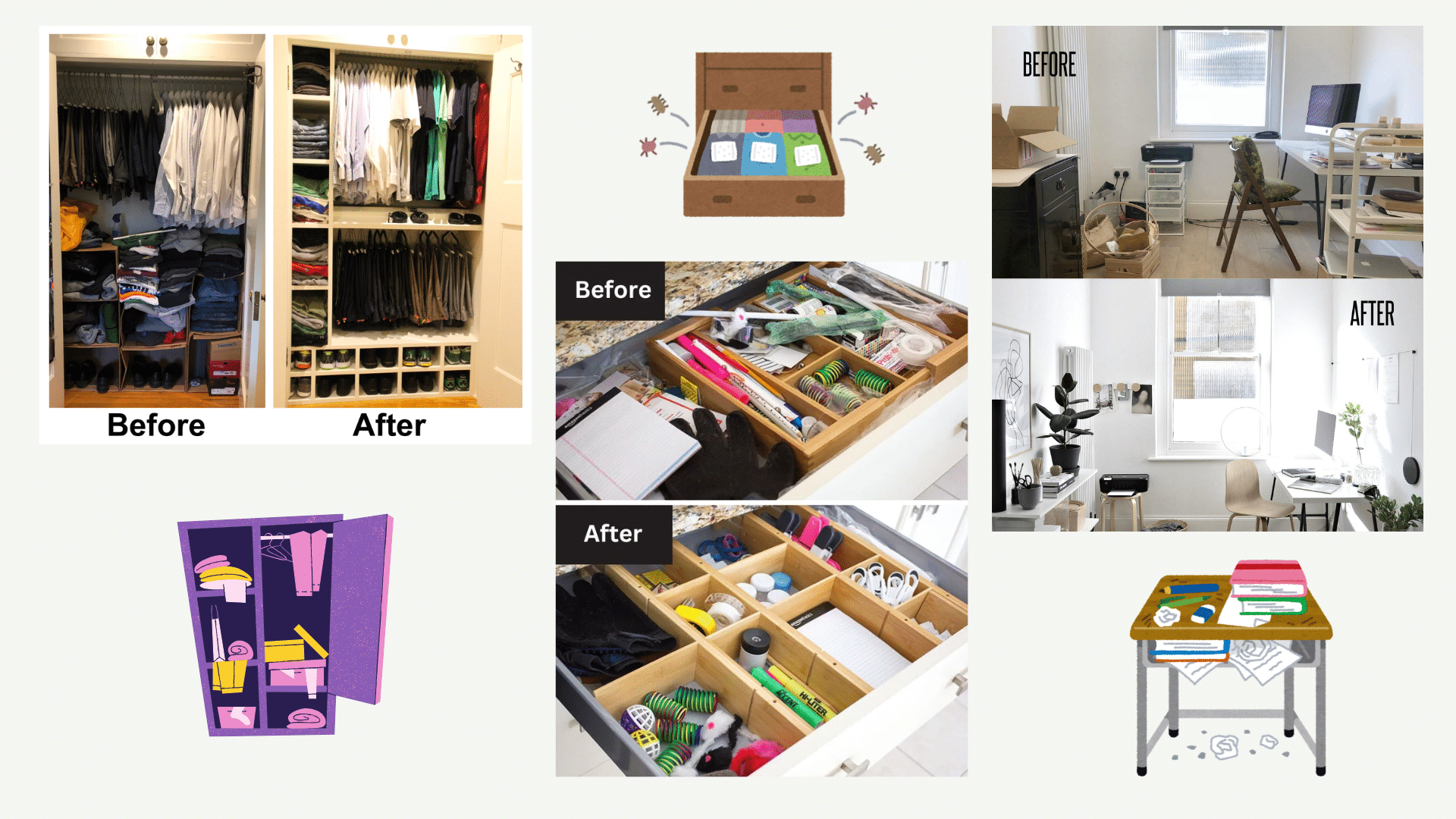 before and after decluttering gallery of a closet, a drawer, and a office