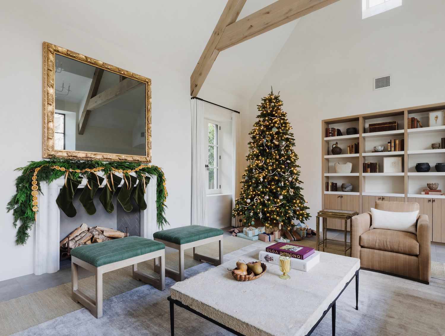 a clean and organized holiday decorated family room