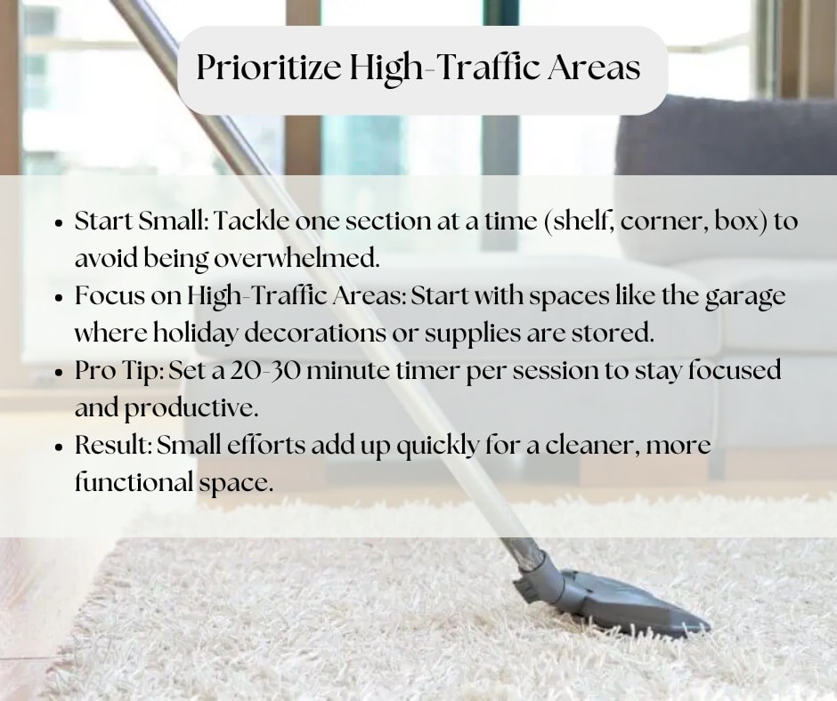 Graphic image of tips to prioritize high traffic areas in the home for cleanup