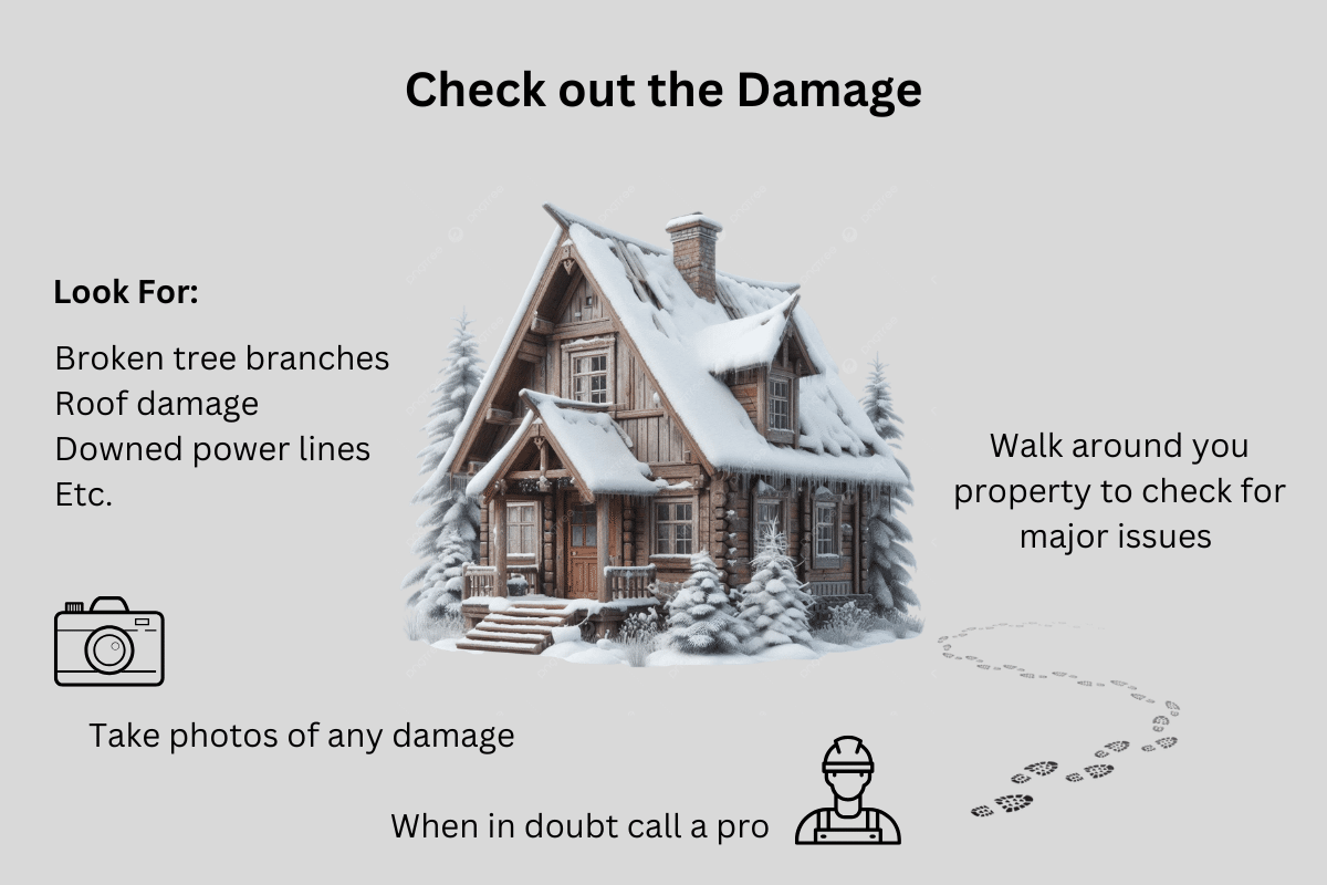 Image of a snow covered house and graphic tips on how to access damage after a winter storm