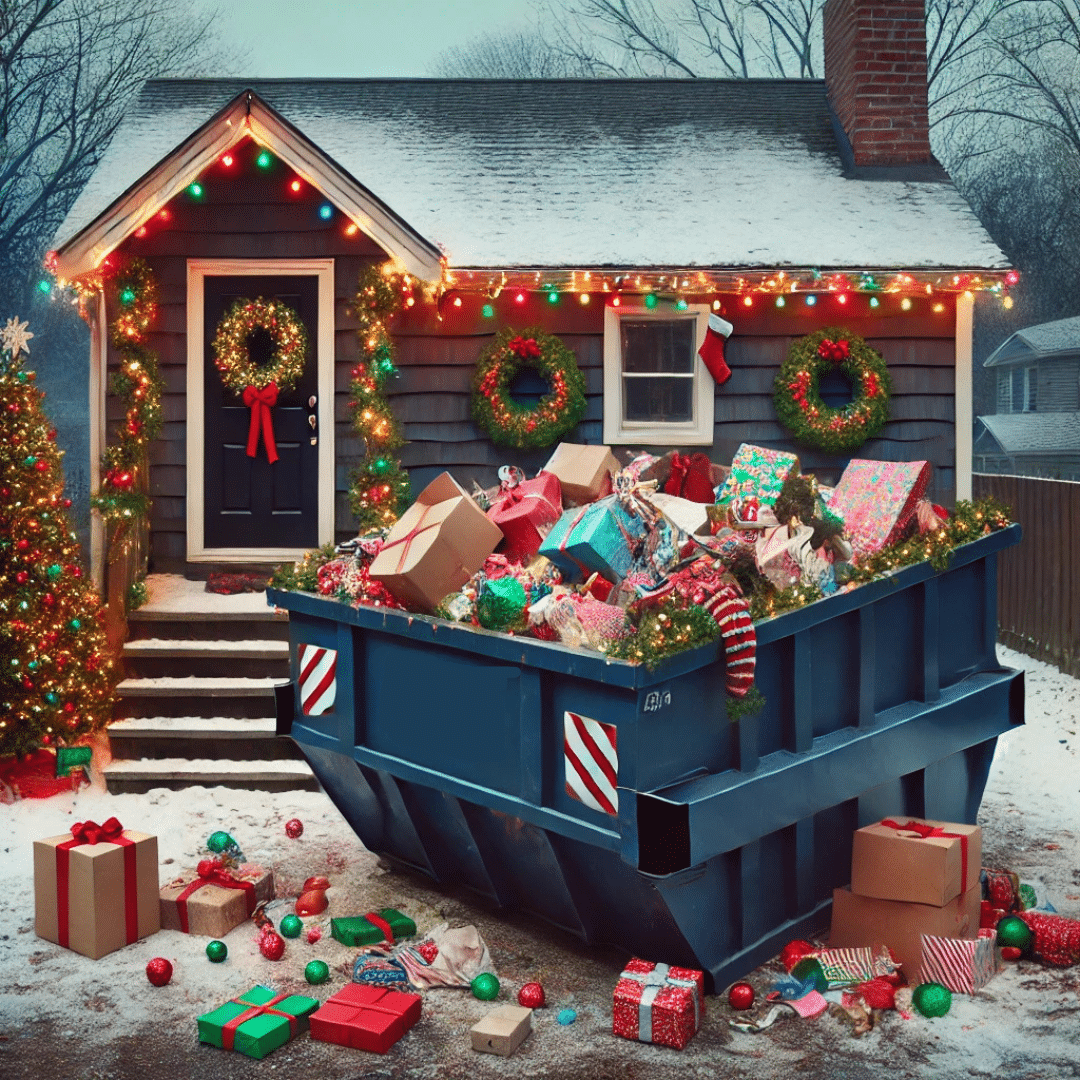 illustration of a festive yard with holiday decorations, wrapping paper, and empty gift boxes being thrown into a dark blue roll-off dumpster