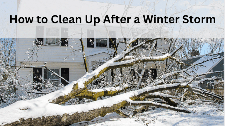 A fallen snow covered tree in front of a residential home after a winter storm