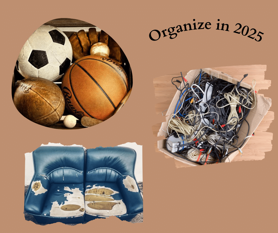 Images of old sports equipment, boxes of random cables and a worn our sofa