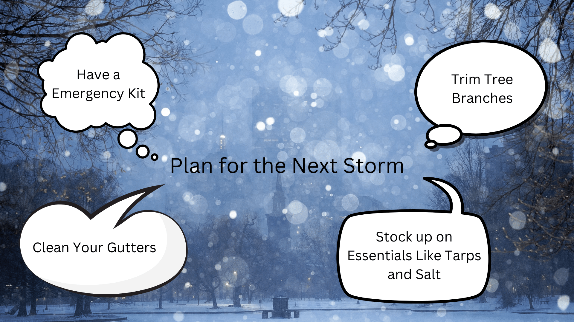 Graphic of a winter storm and tips for planning ahead