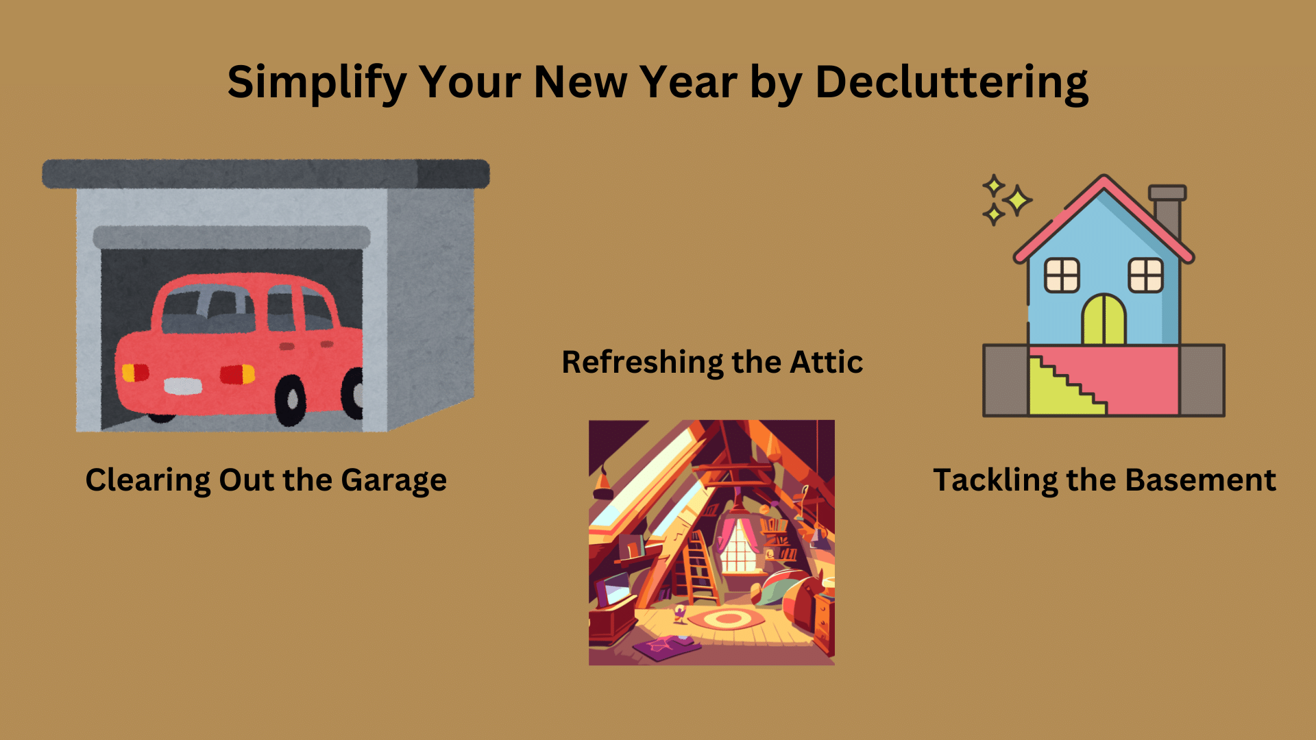 a graphic of a basement, attic and garage and suggestions on decluttering them