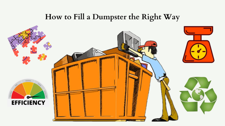 Cartoon of a man filling a roll-off dumpster and icons of efficiency, a puzzle, a weight scale and recycling icon.