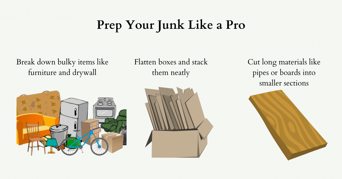 Prep Your Junk Like a Pro. Break down bulky items like furniture and drywall. Flatten boxes and stack them neatly. Cut long materials like pipes or boards into smaller sections