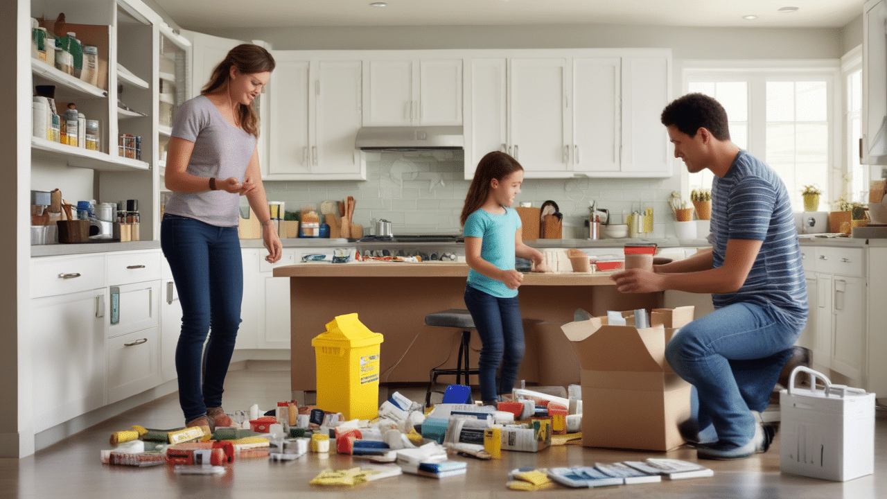 Family sorting hazardous waste in kitchen