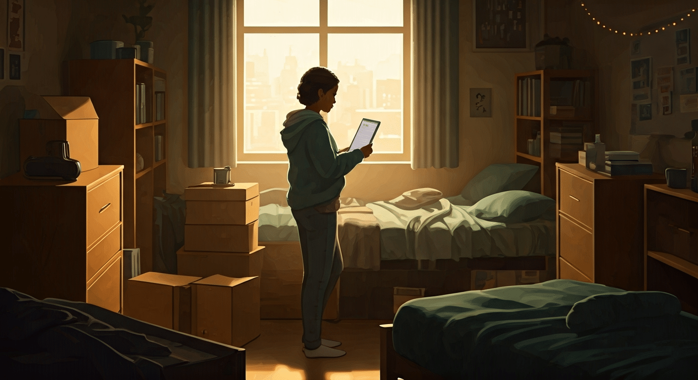 Student organizing dorm room