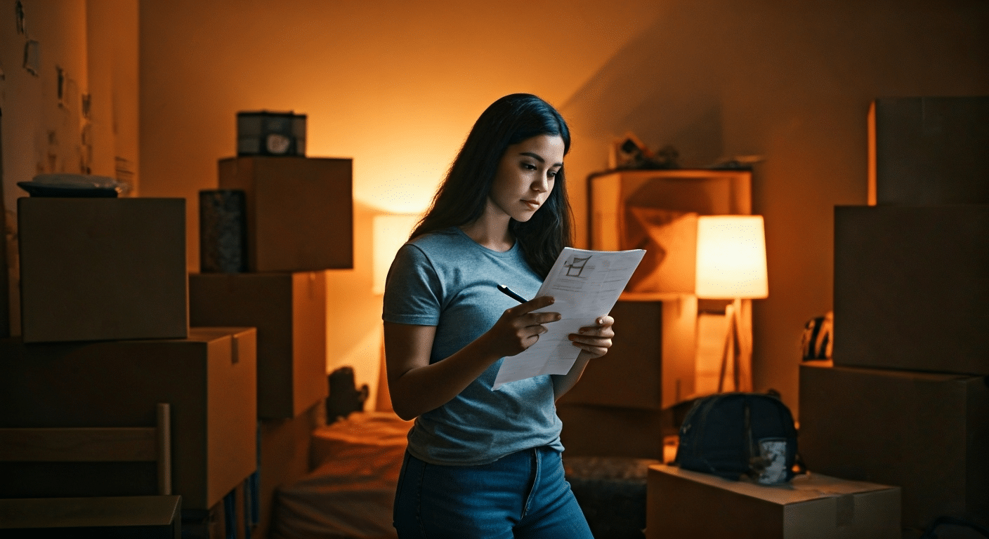 Student with checklist in messy room