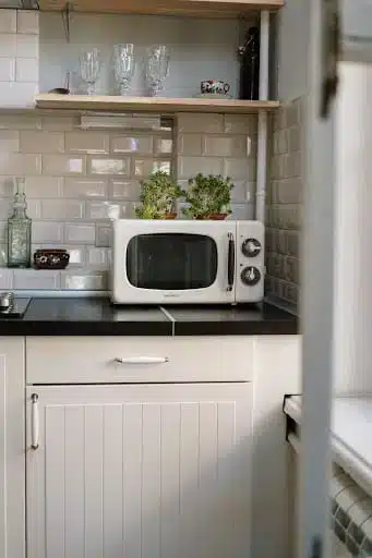 a kitchen with a microwave and a plant on the counter