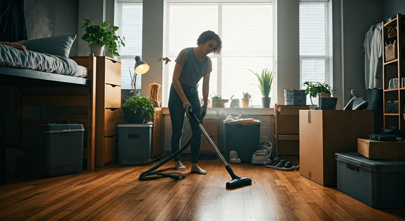 Student cleaning dorm room