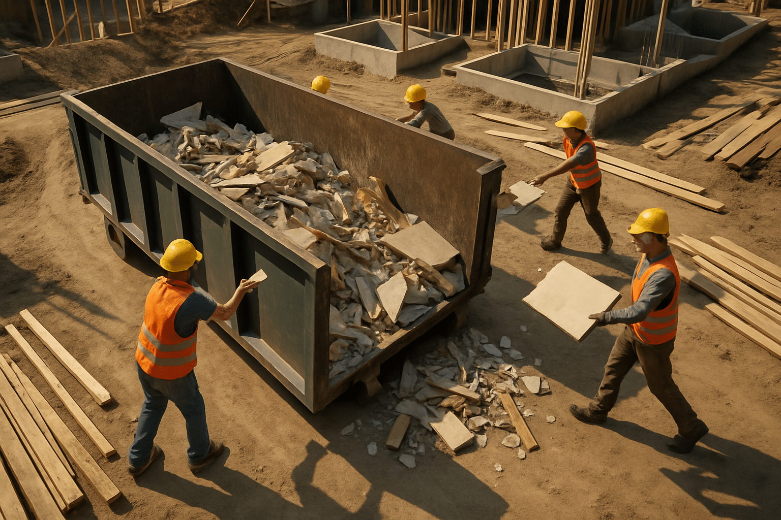 Construction site loading a roll off dumpster