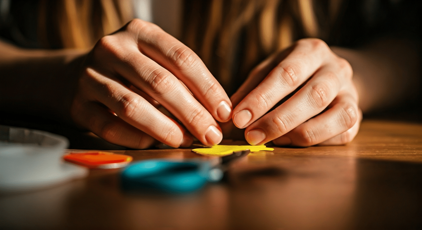 Hands arranging summer craft supplies