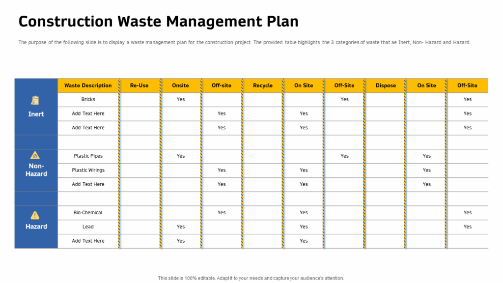 Construction waste management table template
