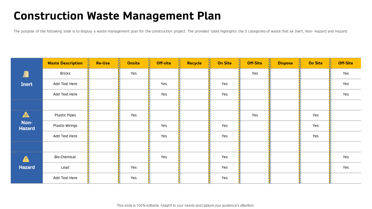 Construction waste management table template