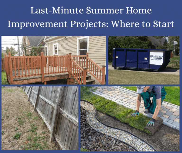 Multiple images of summer projects, fence tear down, deck rebuild, landscaping redo.