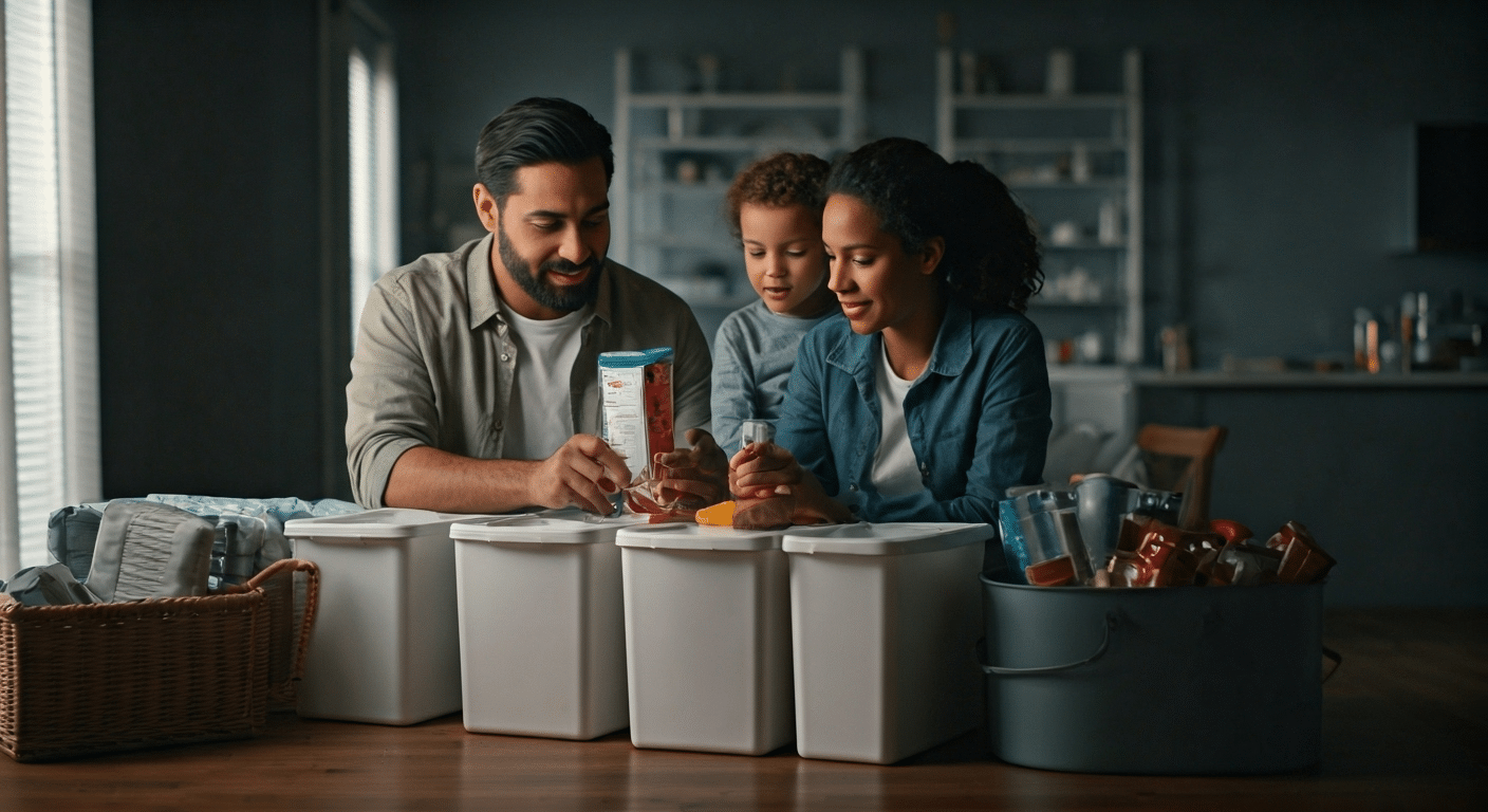 Family organizing emergency supplies
