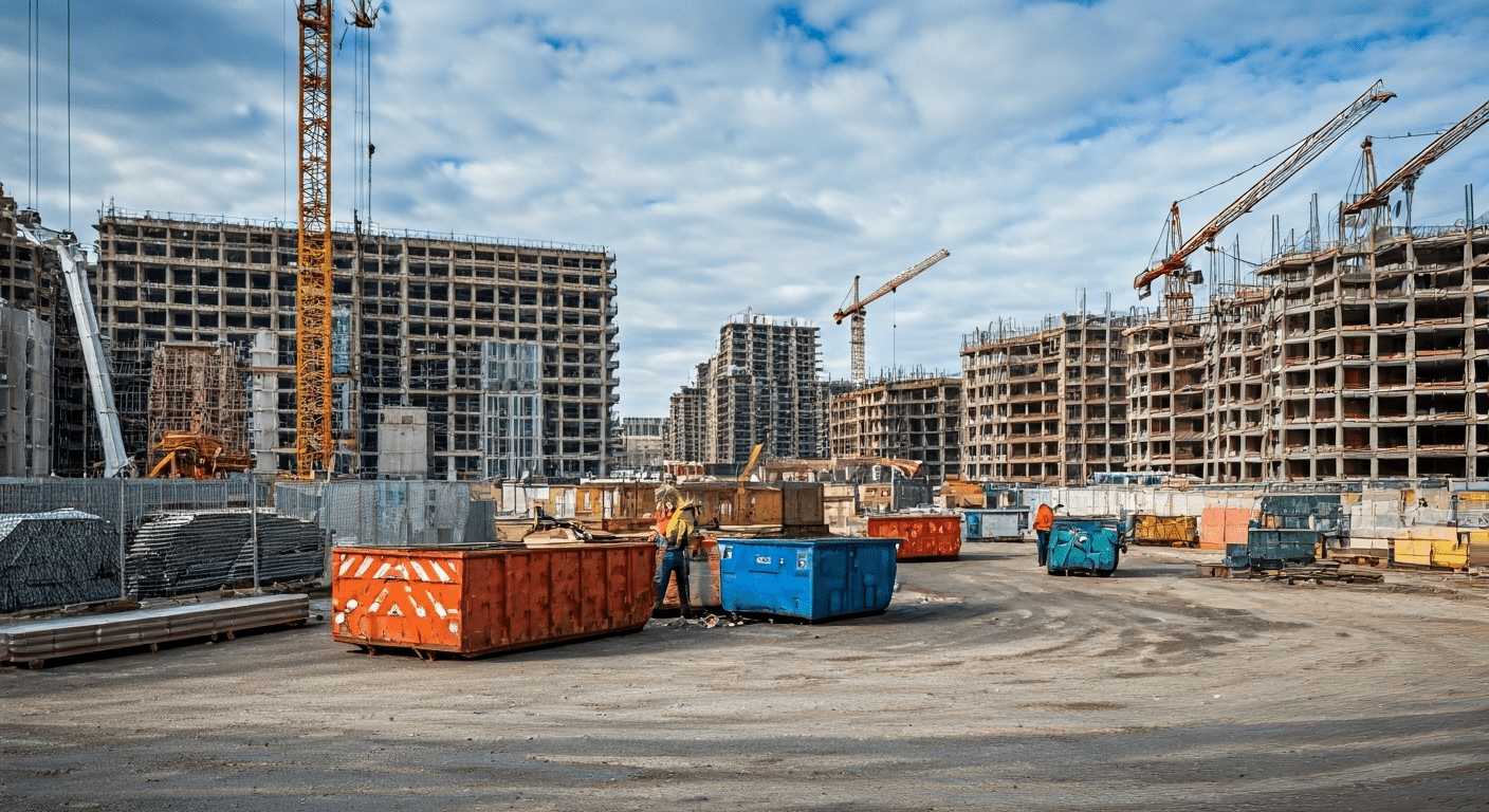 Construction site with workers and dumpsters