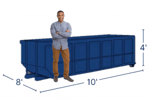 Dark Blue Bargain Dumpster Roll Off Dumpster with a man standing next to it for scale