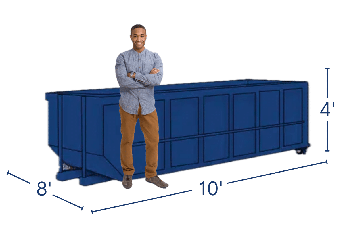 Dark Blue Bargain Dumpster Roll Off Dumpster with a man standing next to it for scale
