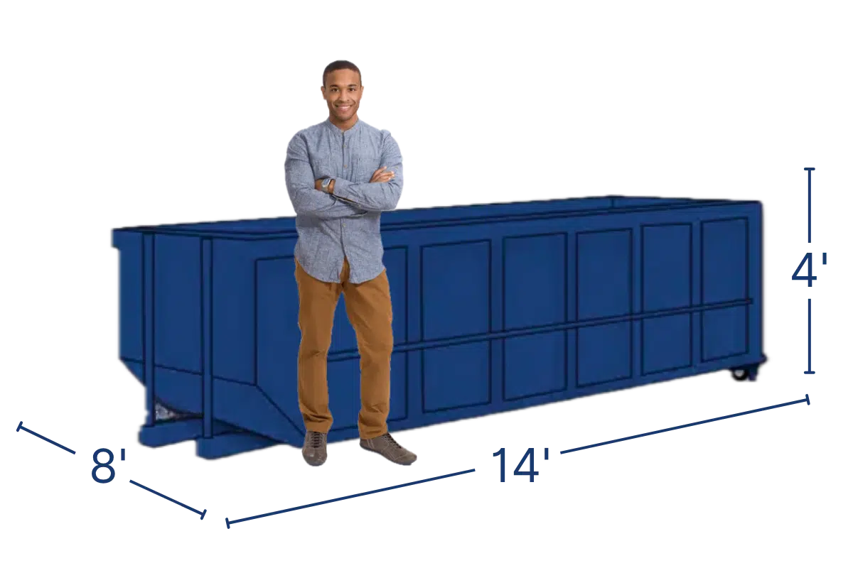 Dark blue Bargain Dumpster roll off container with a man standing next to it to scale.