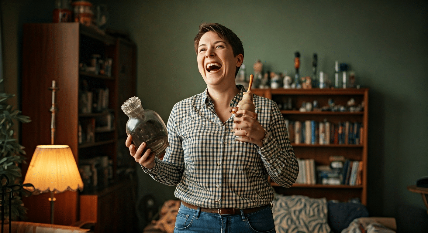 Person laughing amid odd clutter