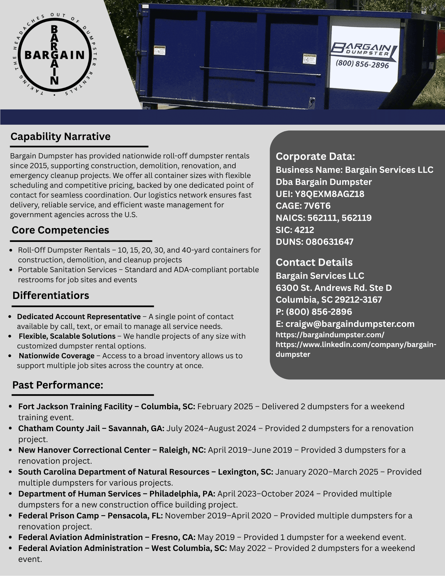 capability statement for Bargain Dumpster