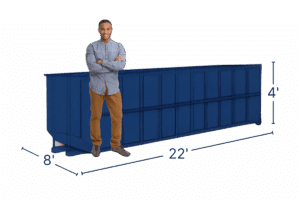 Dark blue 20 yard Bargain Dumpster roll off container with a man standing next to it for scale