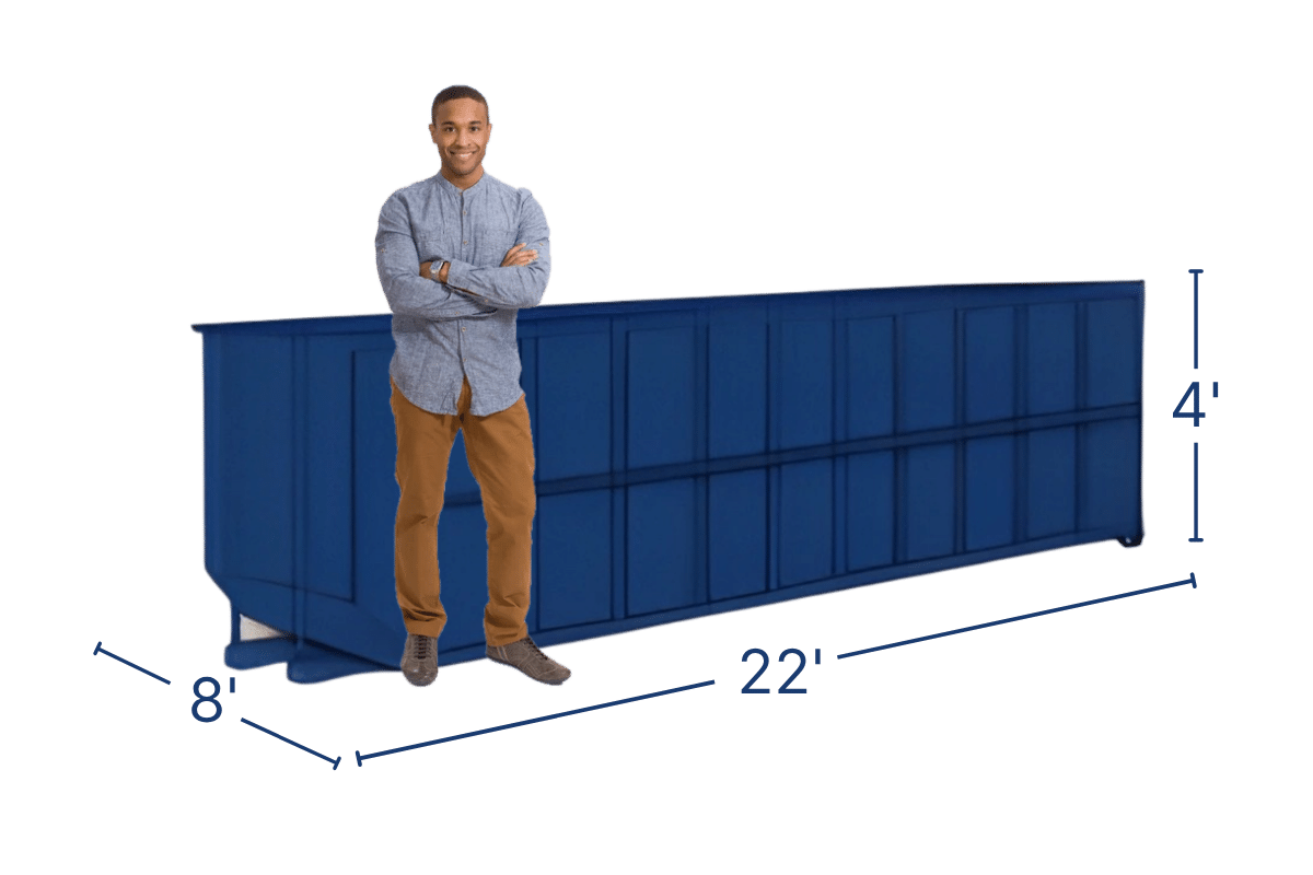 Dark blue 20 yard Bargain Dumpster roll off container with a man standing next to it for scale