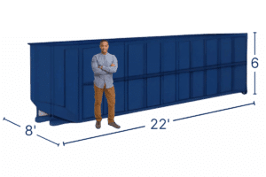 Dark blue 30 yard Bargain Dumpster roll off container with a man standing next to it for scale
