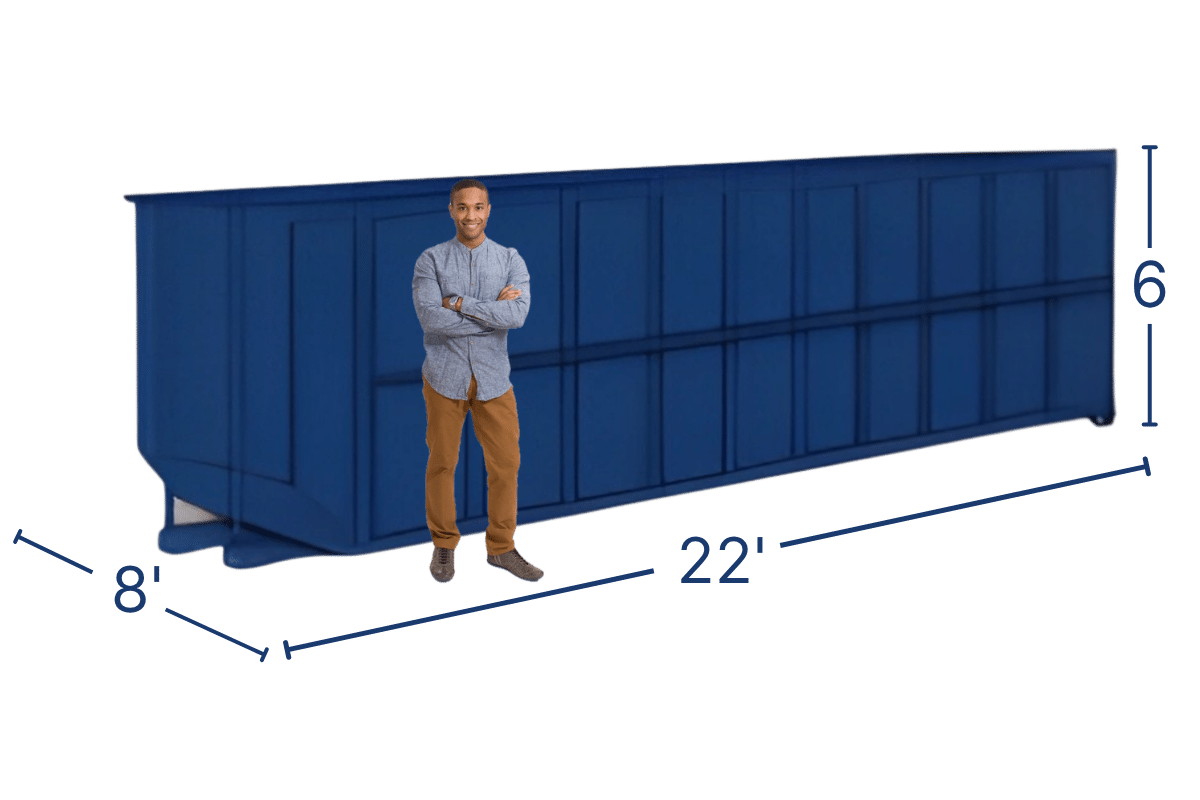 Dark blue 30 yard Bargain Dumpster roll off container with a man standing next to it for scale