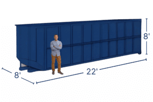Dark blue 40 yard Bargain Dumpster roll off container with man standing next to it for scale