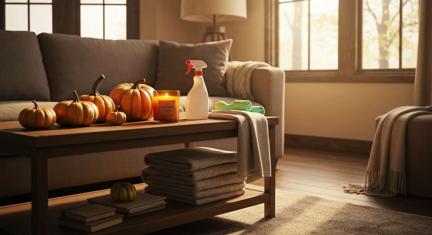 Cozy autumn home with cleaning supplies