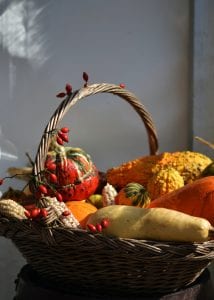 a basket of pumpkins and squash on a table