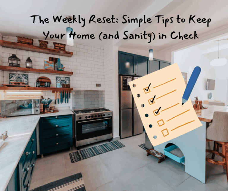 Picture of a clean tidy kitchen and a graphic of a cleaning checklist