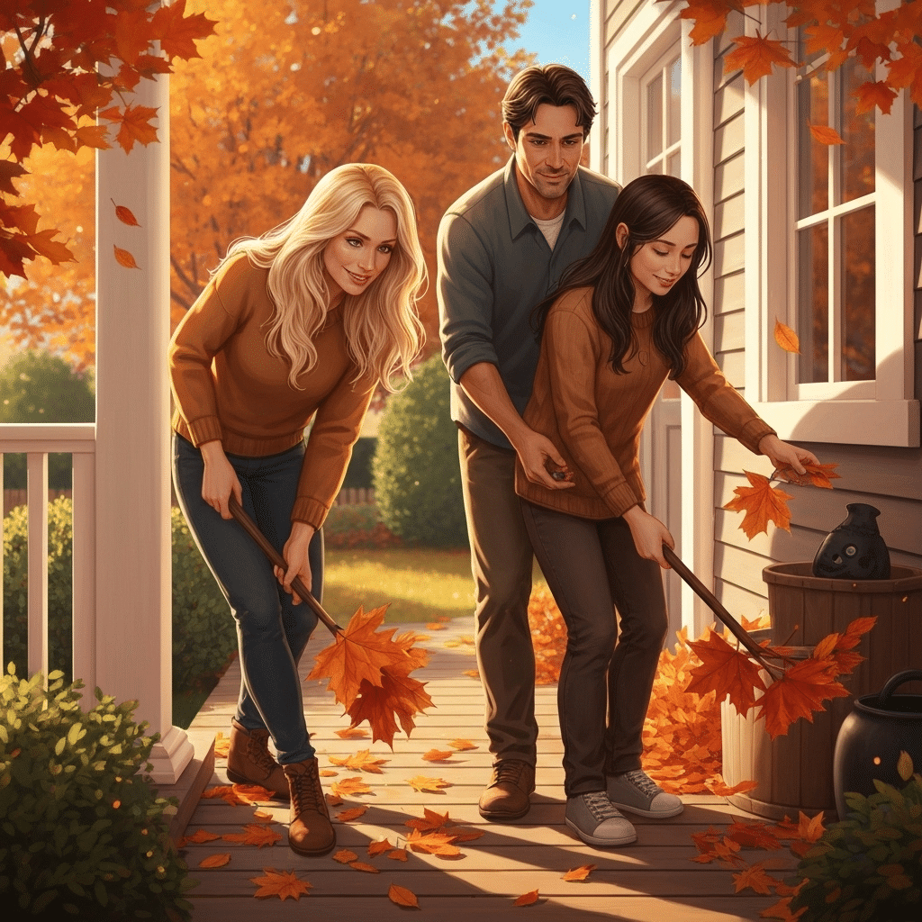 Family clearing Halloween clutter