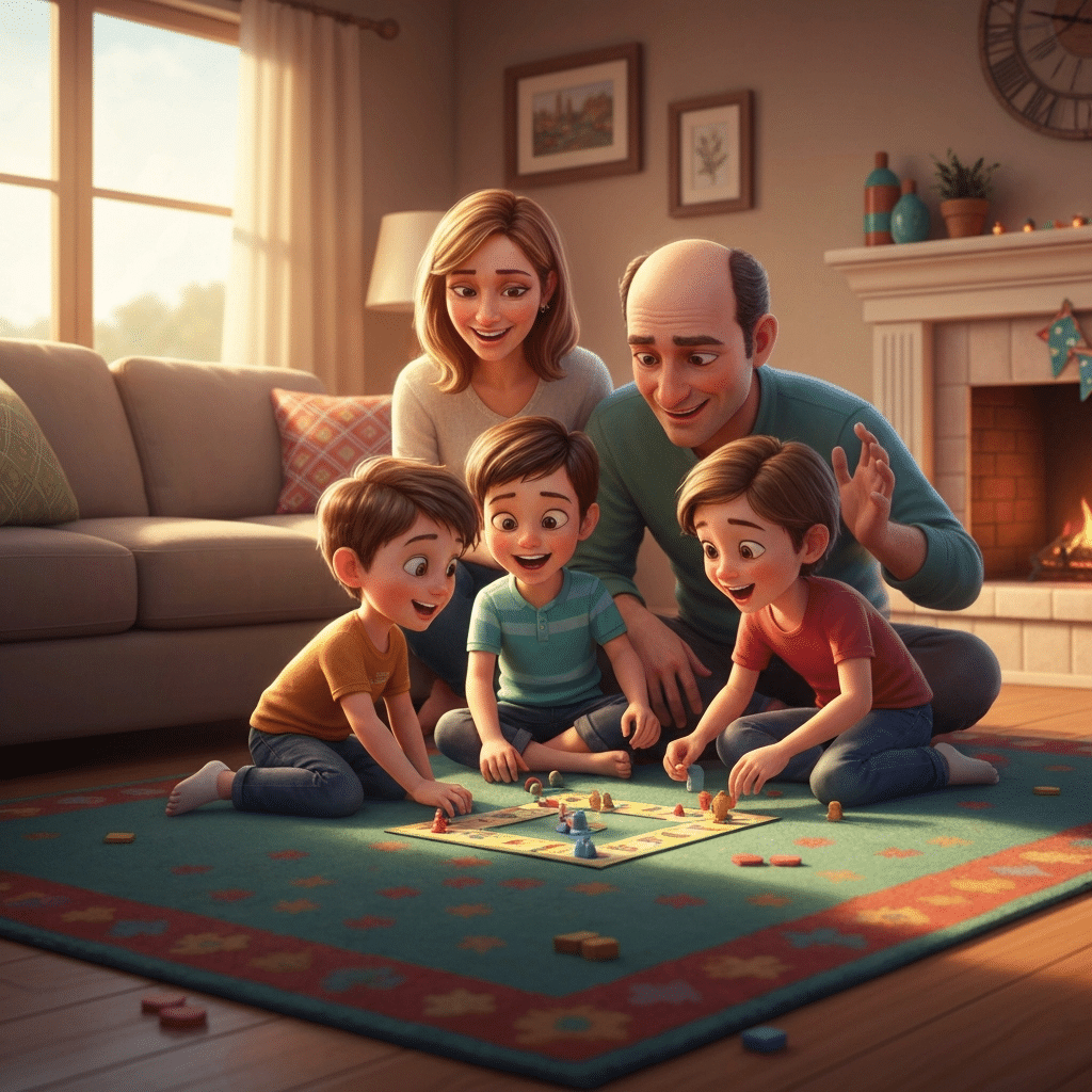 Family playing festive board game