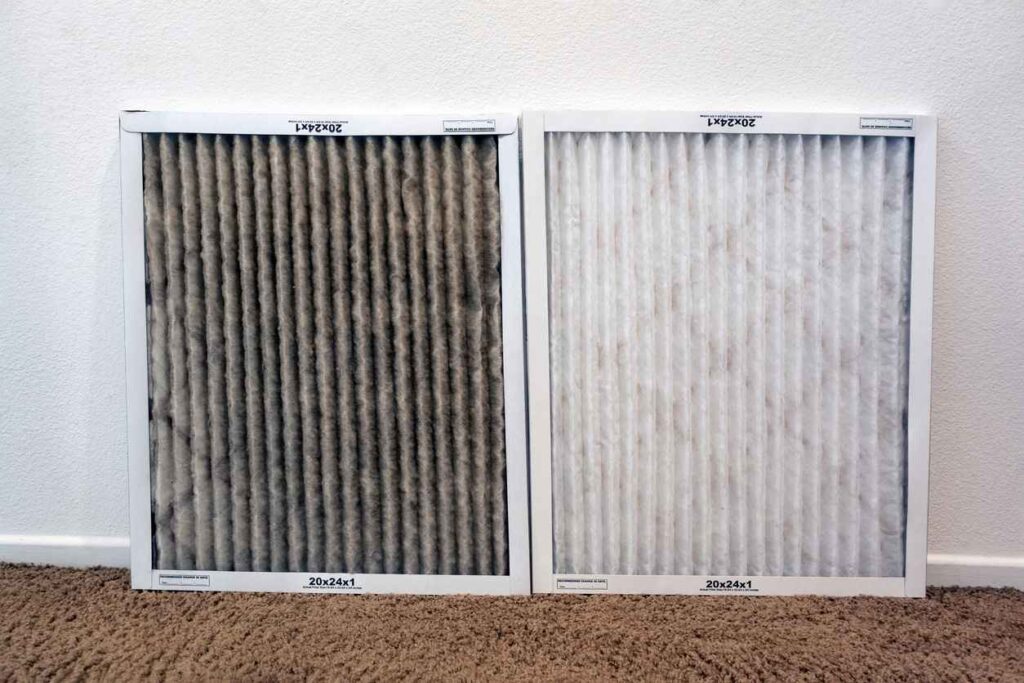 Picture of a Dirty HVAC filter next to a Clean filter