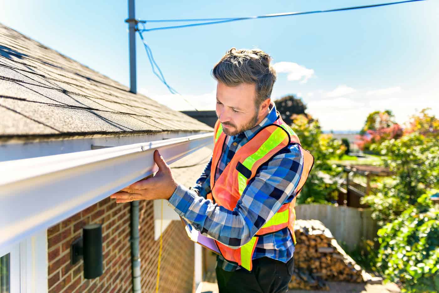 man on a ladder inspecting a gutter
