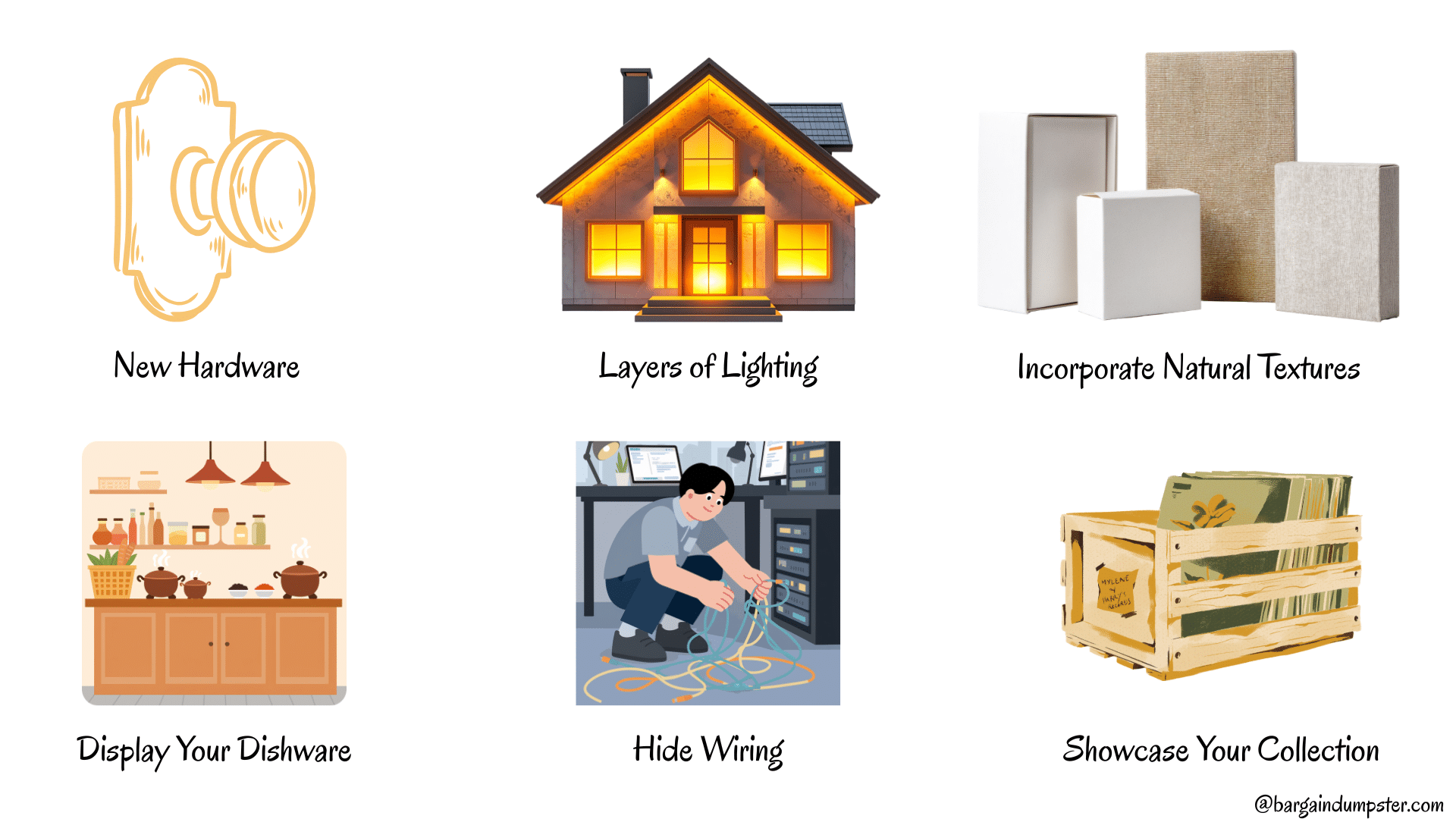 Infographic showing home upgrade tips including new hardware, layered lighting, natural textures, dishware display, hiding wiring, and showcasing collections