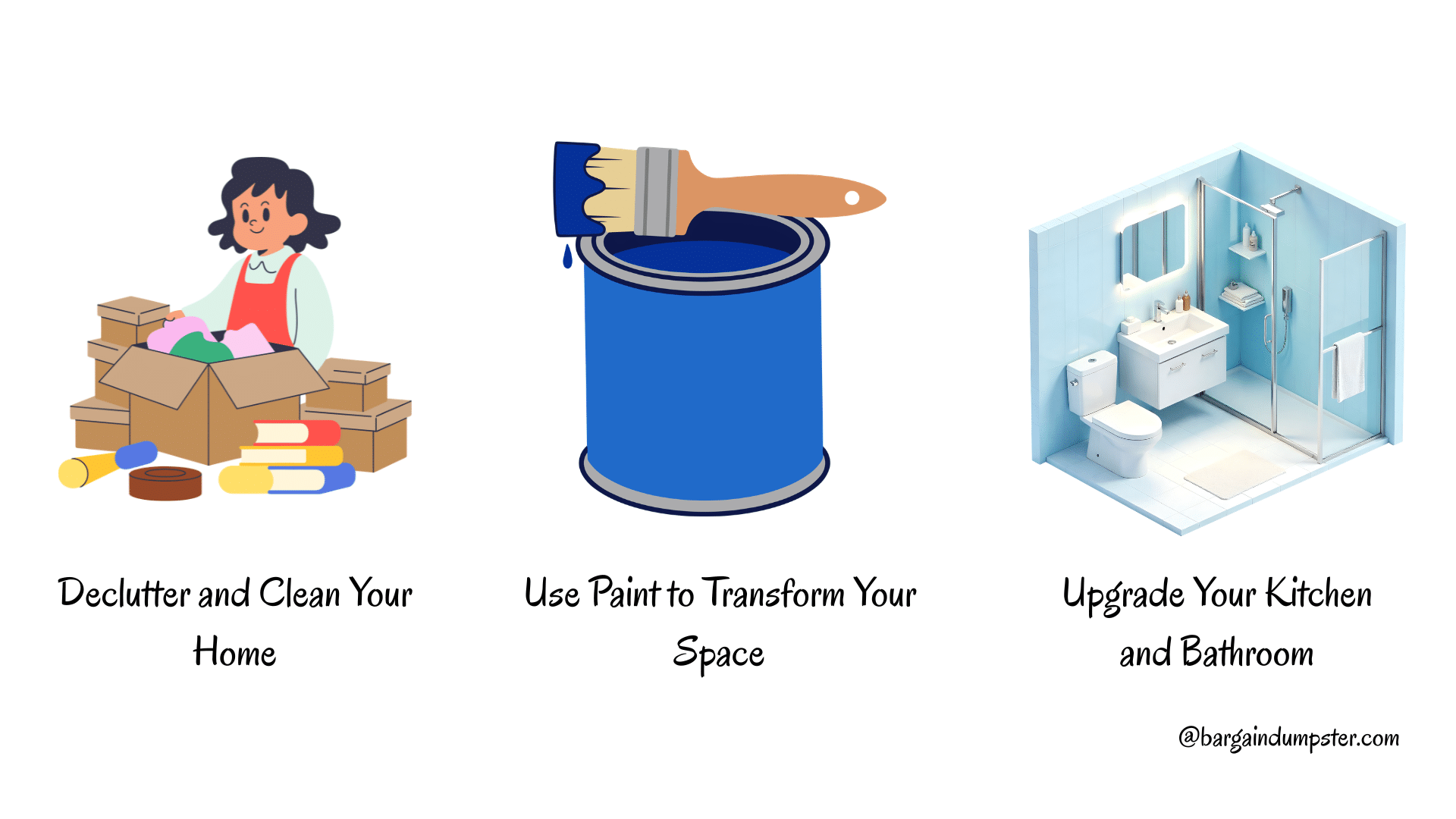 Infographic showing decluttering, painting, and kitchen and bathroom upgrades as ways to improve your home