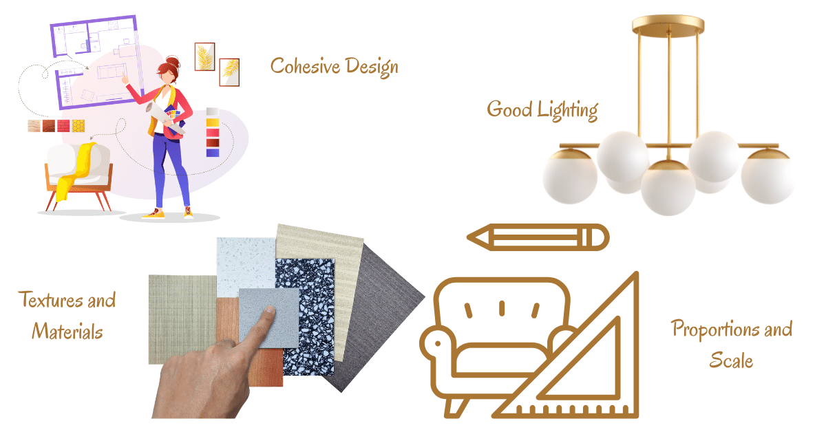 Infographic showing cohesive design, good lighting, textures and materials, and proportions and scale in home design