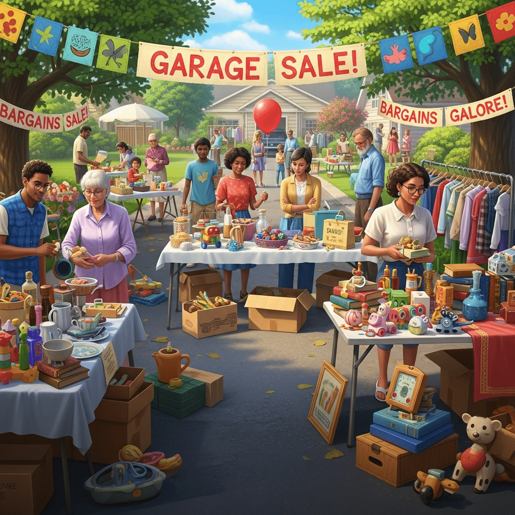 Lively garage sale scene